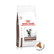 Empaque Veterinary de Royal Canin Gastrointestinal Fibre Response Gato 2 kg con el tamaño real de la croqueta