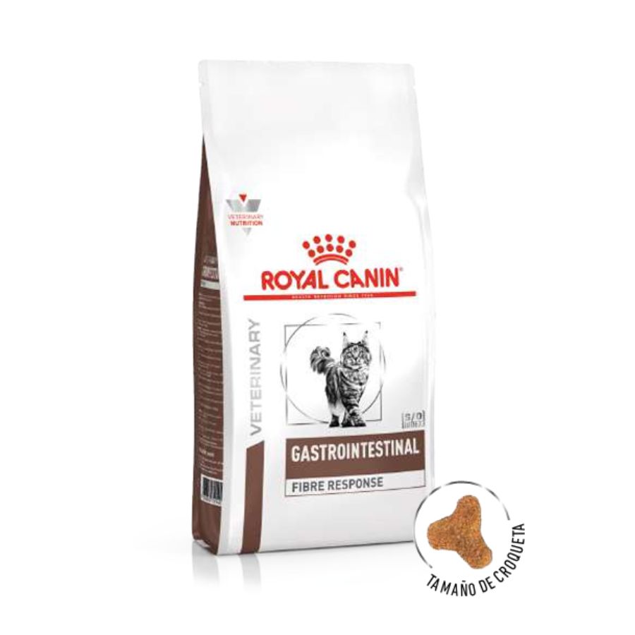 Empaque Veterinary de Royal Canin Gastrointestinal Fibre Response Gato 2 kg con el tamaño real de la croqueta