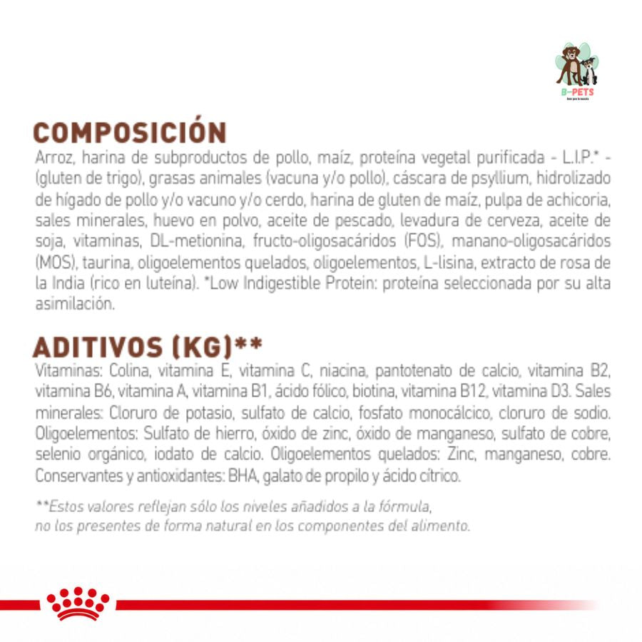 Composición y aditivos de Royal Canin Gastrointestinal Fibre Response Gato: arroz, cáscara de psyllium, FOS y MOS