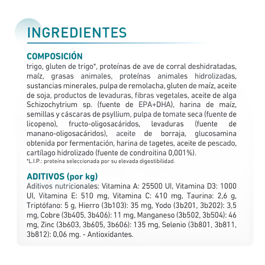 Composición y aditivos del alimento seco Royal Canin Ageing 15+ para gatos sobre los 15 años