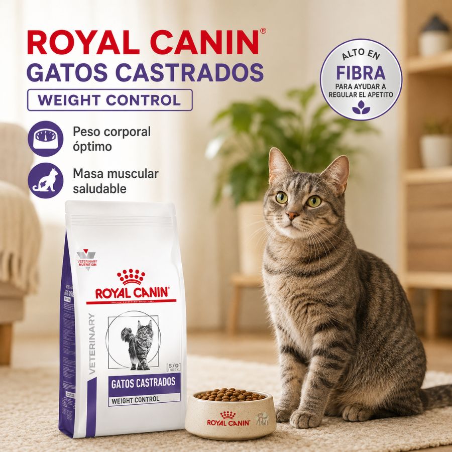 Gato atigrado junto al saco y plato de Royal Canin Gatos Castrados Weight Control, alto en fibra