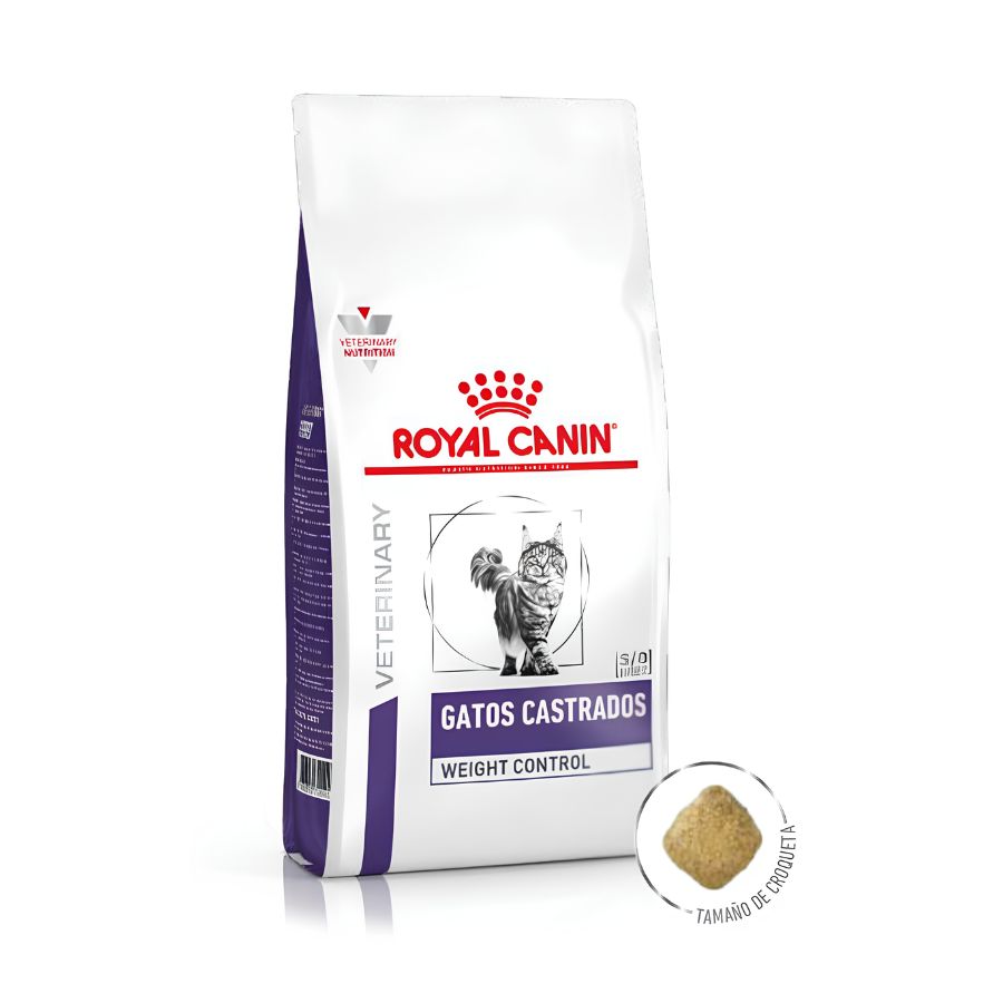 Saco de Royal Canin Gatos Castrados Weight Control con detalle del tamaño de la croqueta