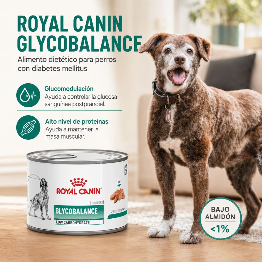 Infografía Royal Canin Glycobalance para perros diabéticos: glucomodulación, proteínas altas y bajo almidón