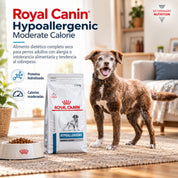 Perro adulto junto a un saco de Royal Canin Hypoallergenic Moderate Calorie y su plato de croquetas en casa