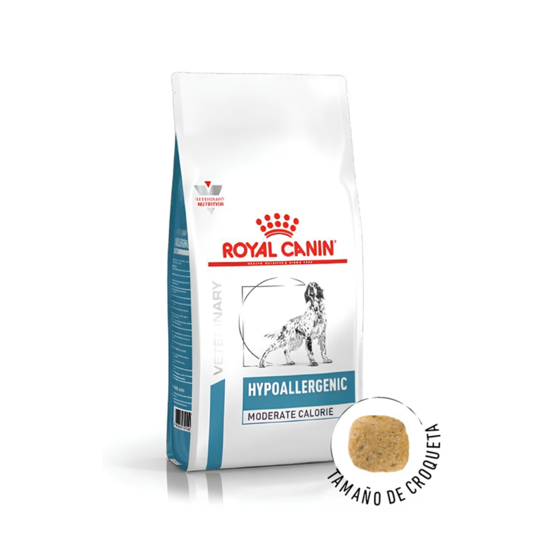 Saco de Royal Canin Hypoallergenic Moderate Calorie en perspectiva, junto al tamaño real de su croqueta