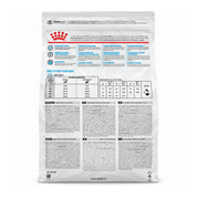 Reverso del saco Royal Canin Hypoallergenic Moderate Calorie con beneficios, guía de alimentación y composición