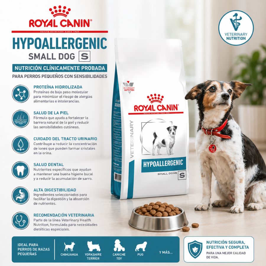 Royal Canin Hypoallergenic Small Dog 7,5Kg, alimento especializado para perros pequeños con alergias, favorece la digestión, piel saludable y cuidado urinario.
