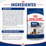 Infografía con la composición y el enriquecimiento por kilo de Royal Canin Maxi Ageing 8+ para perro grande