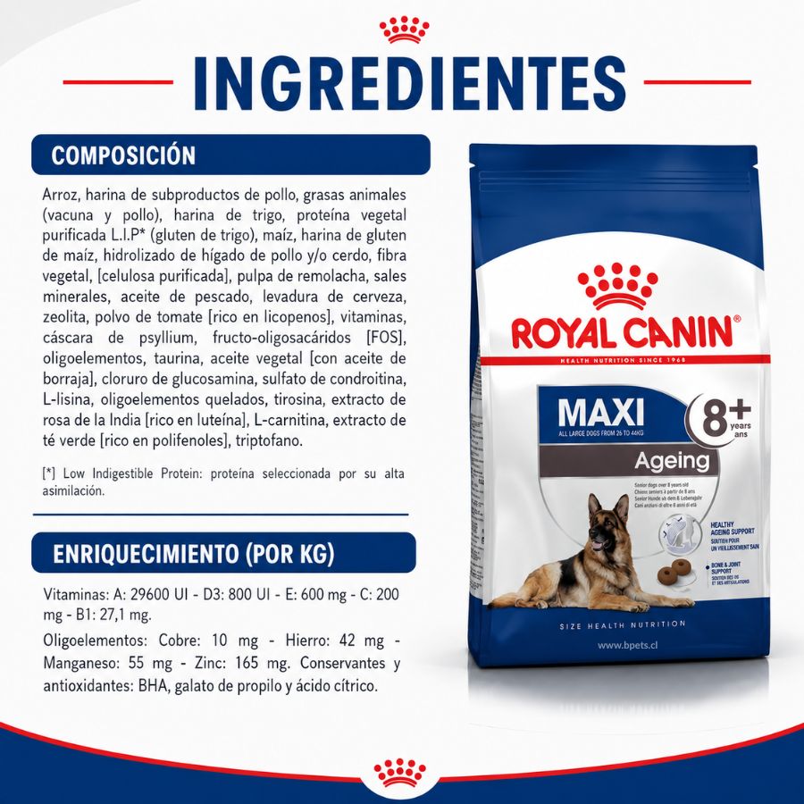 Infografía con la composición y el enriquecimiento por kilo de Royal Canin Maxi Ageing 8+ para perro grande