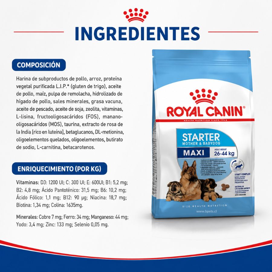 Infografía con la composición y el enriquecimiento por kilo de Royal Canin Maxi Starter Mother & Babydog