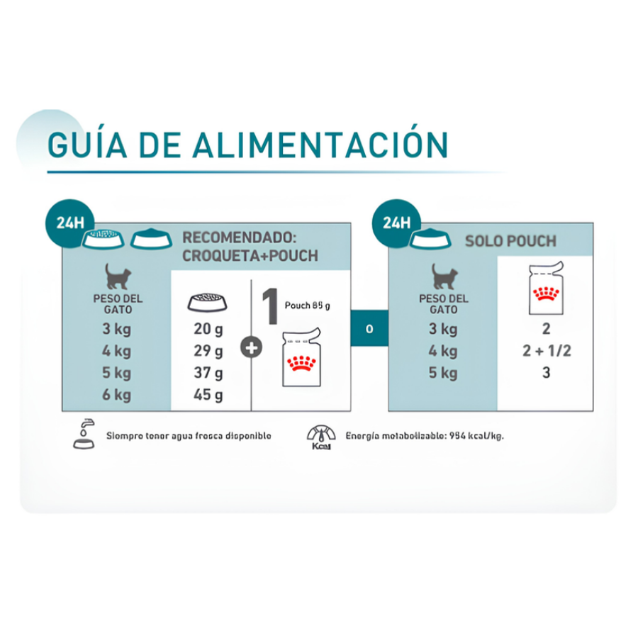 Guía de alimentación del sobre Royal Canin Ageing 15+: esquema croqueta más pouch y solo pouch según el peso
