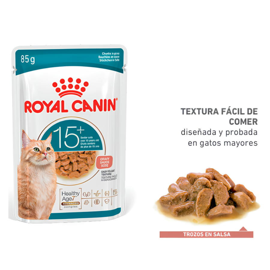 Textura en trozos en salsa del sobre Royal Canin Ageing 15+, diseñada y probada en gatos mayores