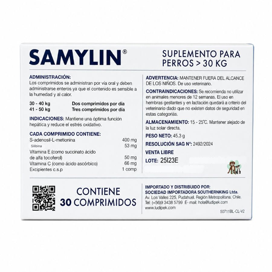 Reverso de Samylin Razas Grandes con composición, dosis por peso y registro SAG N° 2492/2024