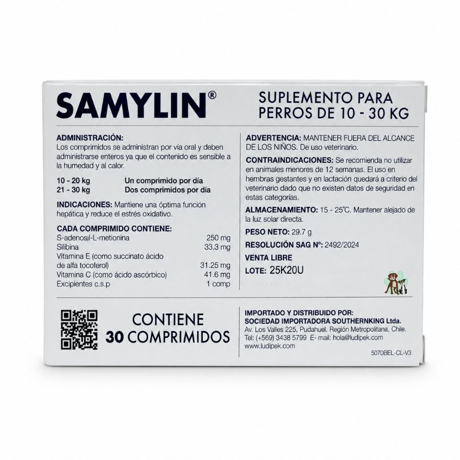Reverso de Samylin Razas Medianas con composición, dosis por peso y registro SAG N° 2492/2024