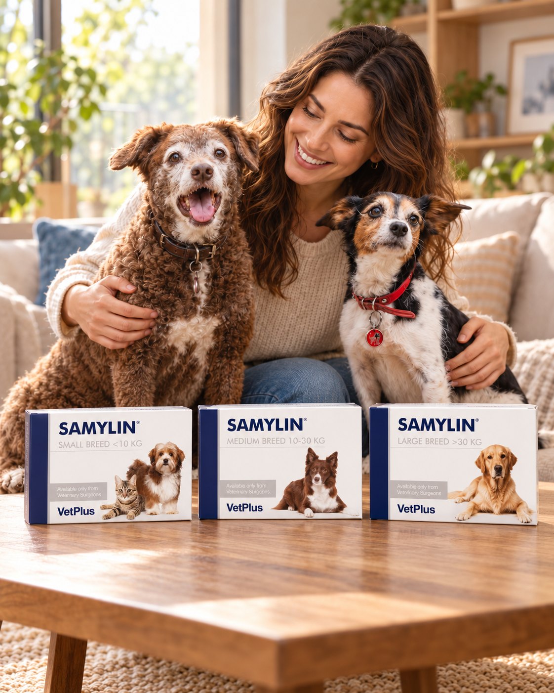 Mujer sonriente abraza a dos perros en un sofá; sobre la mesa, las tres cajas de Samylin VetPlus: razas pequeñas, medianas y grandes