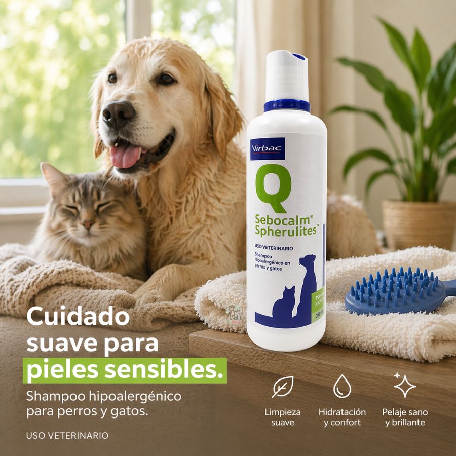 Sebocalm Spherulites Shampoo Hipoalergénico 250 ml limpia, hidrata y restaura la piel con tecnología avanzada para un pelaje sano y brillante.