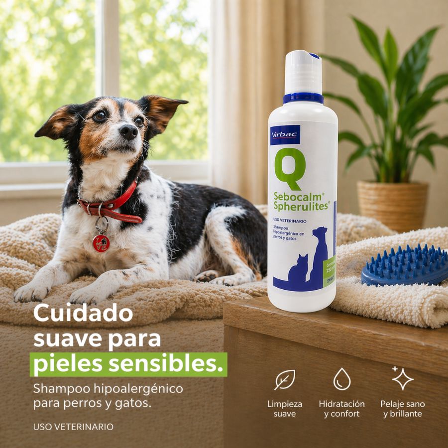 Sebocalm Spherulites Shampoo Hipoalergénico 250 ml limpia, hidrata y restaura la piel con tecnología avanzada para un pelaje sano y brillante.