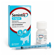 Semintra 4 mg/ml para gatos: caja, frasco de 30 ml y jeringa dosificadora graduada de 0,5 a 3 ml