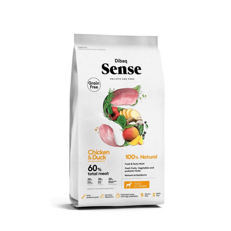 Dibaq Sense Pollo y Pato para Perro Adulto 12kg: Alimento hipoalergénico, protege articulaciones, piel y pelaje con ingredientes naturales.