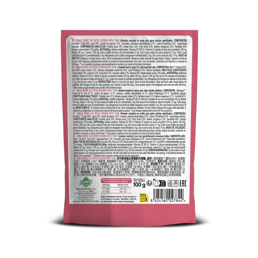 Dibaq Sense Bocaditos en Salsa Pollo con Atún alimento húmedo natural, sin cereales, rico en proteínas y con beneficios digestivos y urinarios.