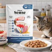 Dibaq Sense Bocaditos en Salsa Pollo con Sardinas, alimento húmedo natural, rico en proteínas, sin cereales y con beneficios digestivos y urinarios para gatos esterilizados.