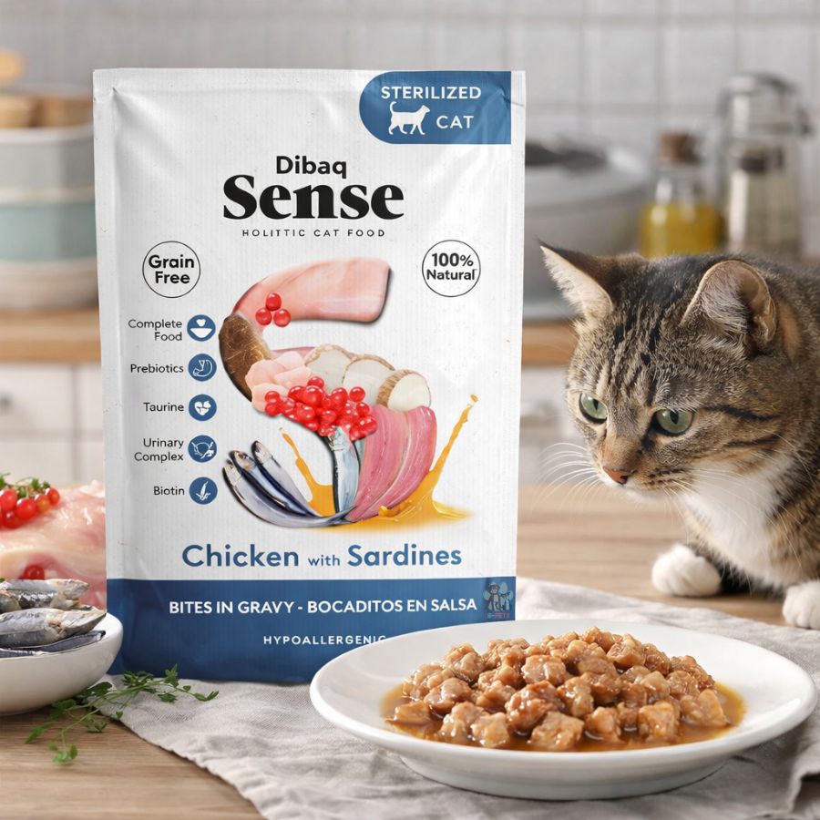 Dibaq Sense Bocaditos en Salsa Pollo con Sardinas, alimento húmedo natural, rico en proteínas, sin cereales y con beneficios digestivos y urinarios para gatos esterilizados.