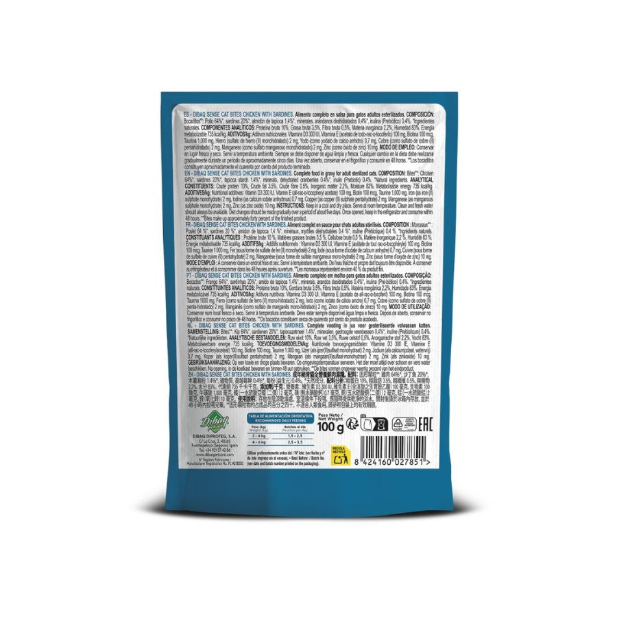 Dibaq Sense Bocaditos en Salsa Pollo con Sardinas, alimento húmedo natural, rico en proteínas, sin cereales y con beneficios digestivos y urinarios para gatos esterilizados.