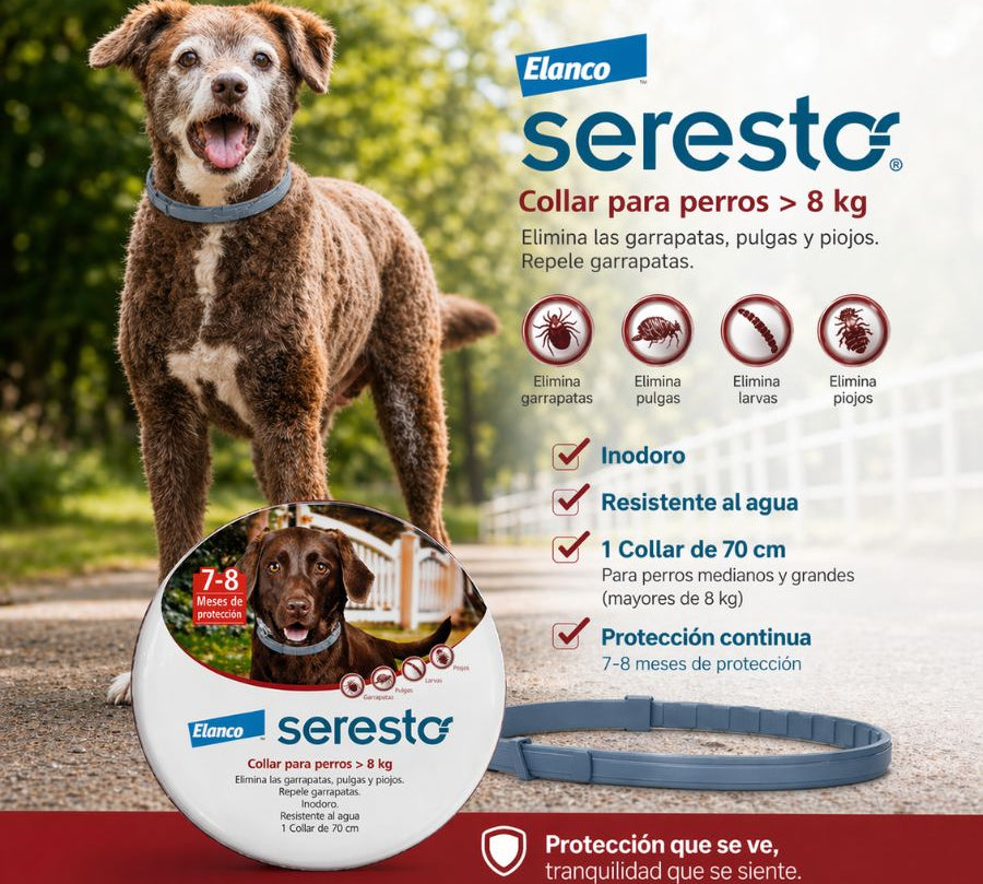 Seresto Collar Antiparasitario para Perros +8kg protección contra pulgas y garrapatas hasta 8 meses, resistente al agua y eficaz.
