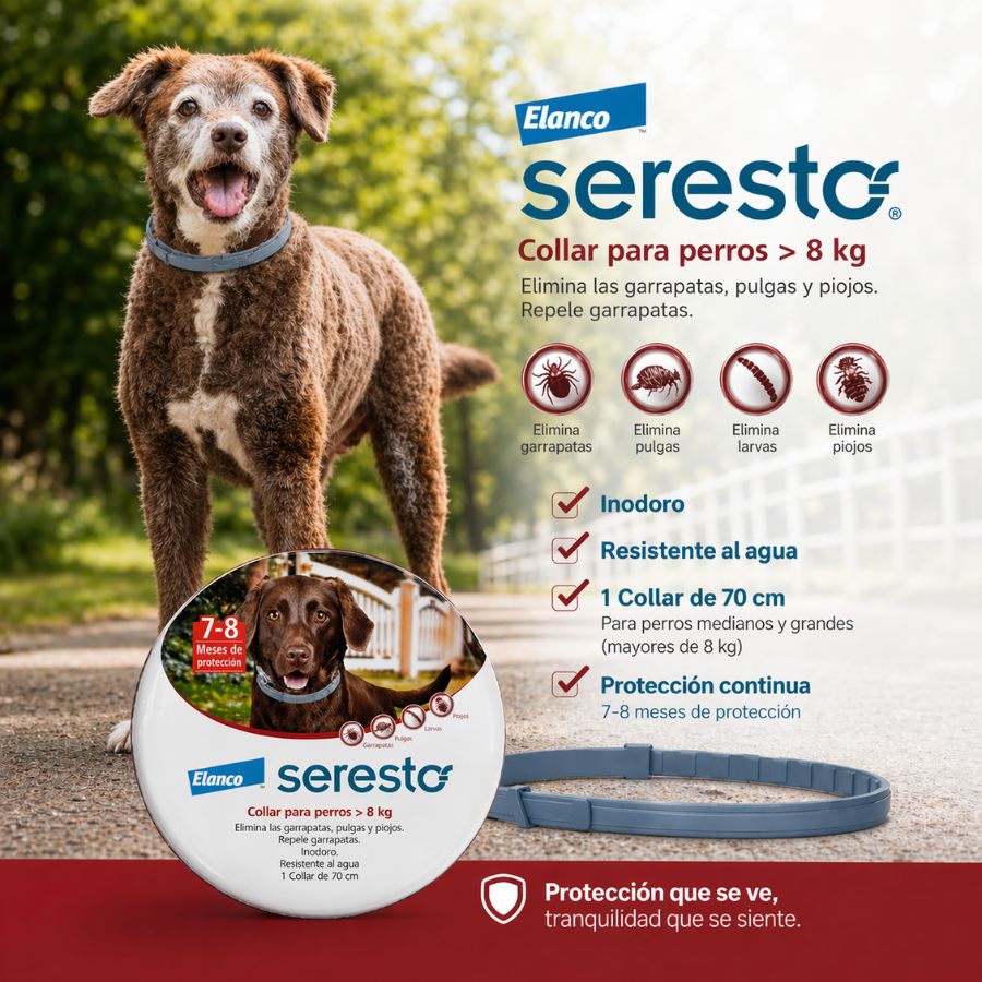 Seresto Collar Antiparasitario para Perros +8kg protección contra pulgas y garrapatas hasta 8 meses, resistente al agua y eficaz.