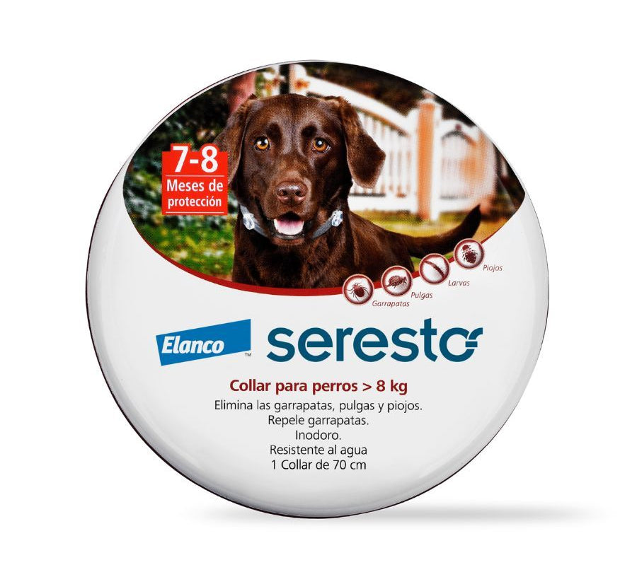 Seresto Collar Antiparasitario para Perros +8kg protección contra pulgas y garrapatas hasta 8 meses, resistente al agua y eficaz.