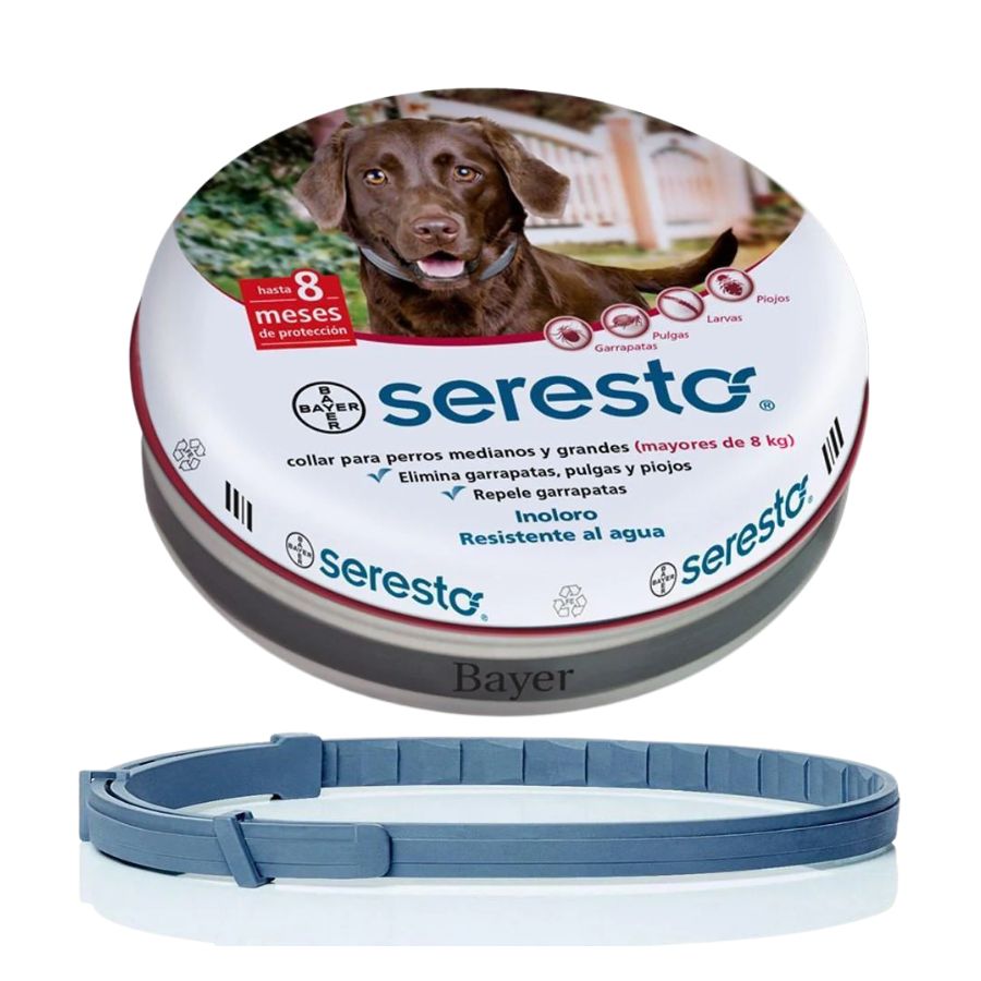 Seresto Collar Antiparasitario para Perros +8kg protección contra pulgas y garrapatas hasta 8 meses, resistente al agua y eficaz.