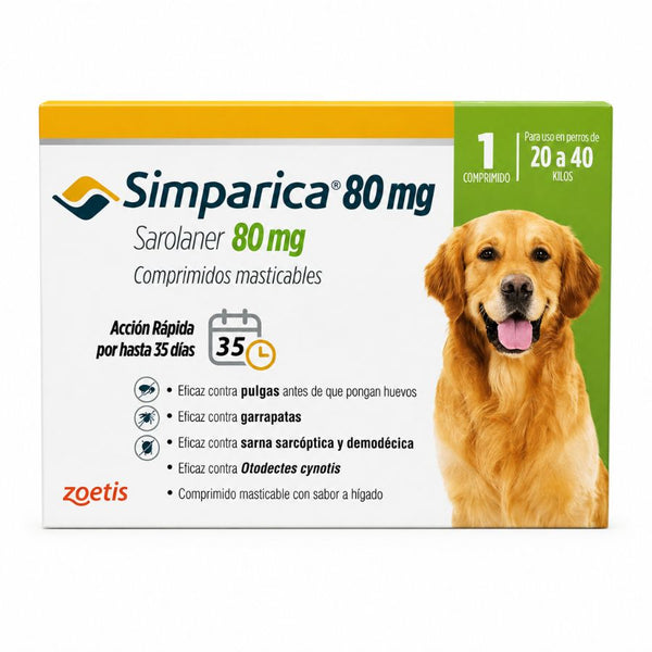 Simparica 80 mg para perros de 20 a 40 kg, caja de 1 comprimido masticable antiparasitario con sarolaner — vista frontal