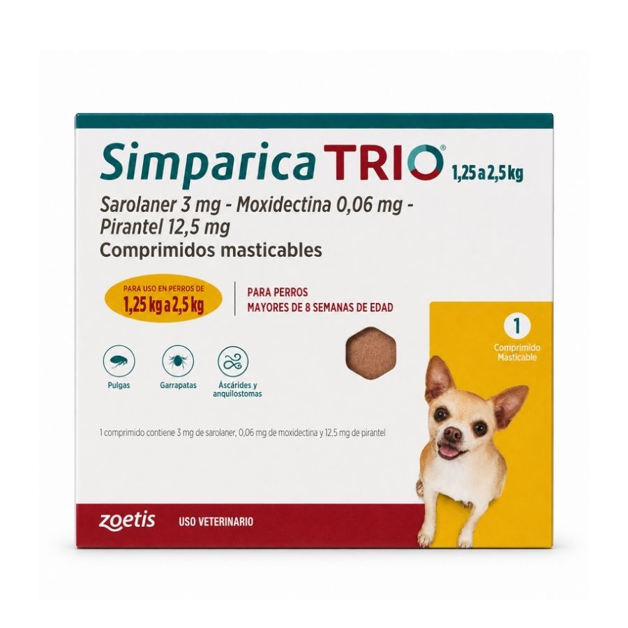 Simparica Trio 1,25 a 2,5 kg caja de 1 comprimido masticable para perros, vista frontal con chihuahua