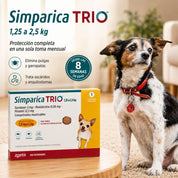 Perro pequeño junto a la caja de Simparica Trio 1,25 a 2,5 kg de 1 comprimido, protección completa desde las 8 semanas