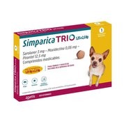 Caja de Simparica Trio 1,25 a 2,5 kg con 1 comprimido de sarolaner 3 mg, moxidectina y pirantel, en perspectiva