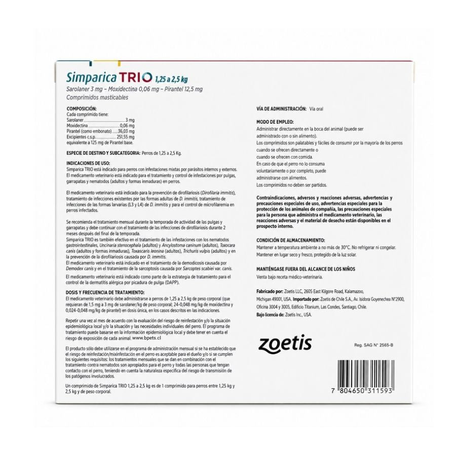 Reverso de Simparica Trio 1,25 a 2,5 kg 1 comprimido con composición, indicaciones, dosis y Reg. SAG N° 2565-B
