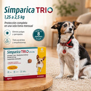 Perro pequeño junto a la caja de Simparica Trio 1,25 a 2,5 kg de 3 comprimidos, protección mensual desde las 8 semanas