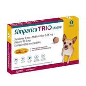 Caja de Simparica Trio 1,25 a 2,5 kg con 3 comprimidos masticables para tres meses, en perspectiva