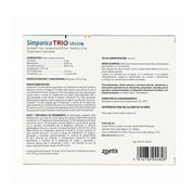 Reverso de Simparica Trio 1,25 a 2,5 kg 3 comprimidos con composición, indicaciones, dosis y Reg. SAG N° 2565-B