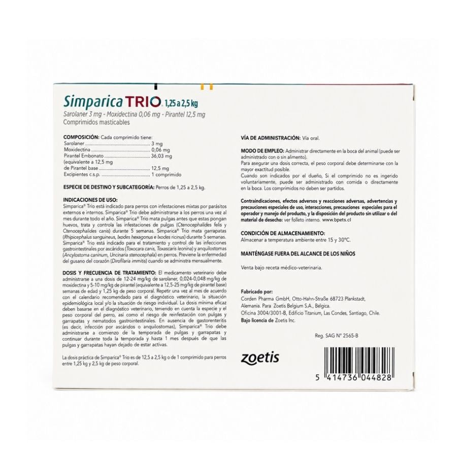 Reverso de Simparica Trio 1,25 a 2,5 kg 3 comprimidos con composición, indicaciones, dosis y Reg. SAG N° 2565-B