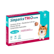 Caja de Simparica Trio 10 a 20 kg con 1 comprimido de sarolaner 24 mg, moxidectina y pirantel, en perspectiva