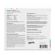 Reverso de Simparica Trio 10 a 20 kg 1 comprimido con composición, indicaciones, dosis y Reg. SAG N° 2568-B