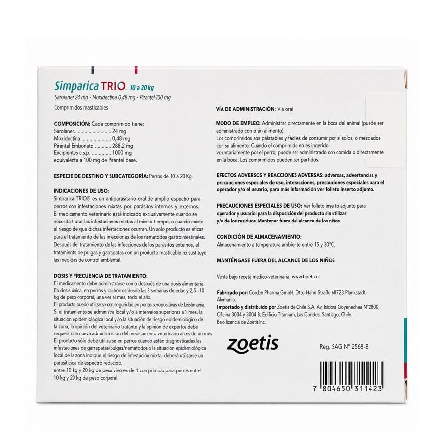 Reverso de Simparica Trio 10 a 20 kg 1 comprimido con composición, indicaciones, dosis y Reg. SAG N° 2568-B
