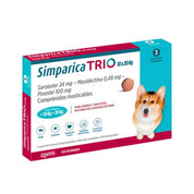 Caja de Simparica Trio 10 a 20 kg con 3 comprimidos masticables para tres meses, en perspectiva