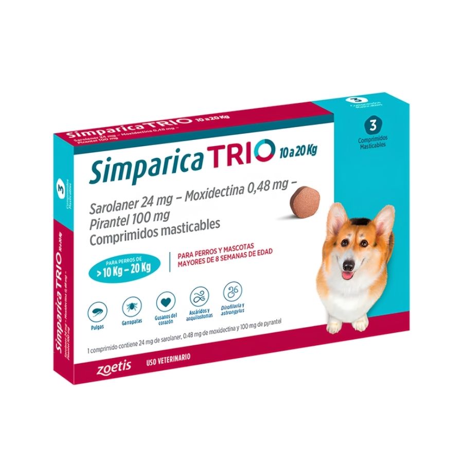 Caja de Simparica Trio 10 a 20 kg con 3 comprimidos masticables para tres meses, en perspectiva
