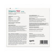 Reverso de Simparica Trio 10 a 20 kg 3 comprimidos con composición, indicaciones, dosis y Reg. SAG N° 2568-B