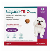 Simparica Trio 2,5 a 5 kg caja de 1 comprimido masticable para perros, vista frontal con perro pequeño blanco