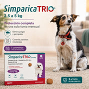 Perro pequeño junto a la caja de Simparica Trio 2,5 a 5 kg de 1 comprimido, protección completa en una toma mensual