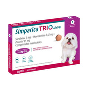 Caja de Simparica Trio 2,5 a 5 kg con 1 comprimido de sarolaner 6 mg, moxidectina y pirantel, en perspectiva