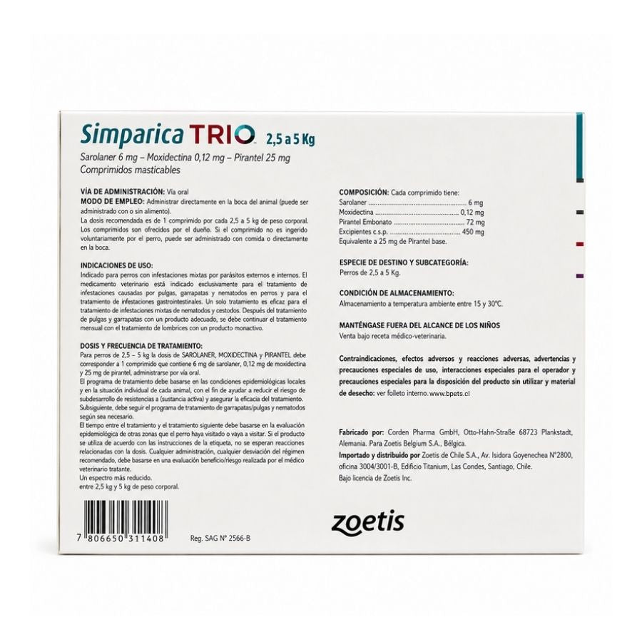 Reverso de Simparica Trio 2,5 a 5 kg 1 comprimido con composición, indicaciones, dosis y Reg. SAG N° 2566-B
